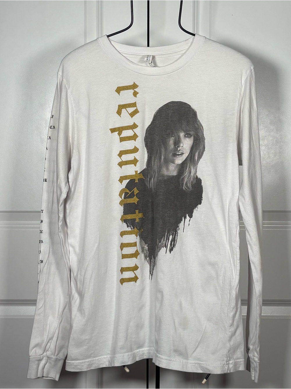Taylor Swift White Long Sleeve Reputation Tour Tee with Gold Print